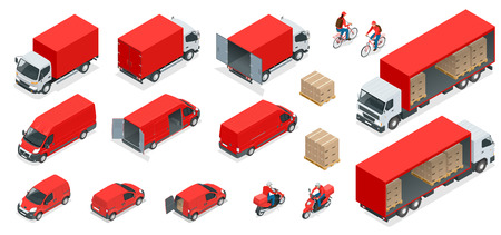 Isometric Logistics icons set of different transportation distribution vehicles, delivery elements. Cargo transport isolated on white background.のイラスト素材
