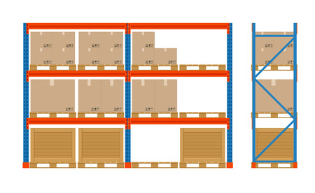 Warehouse shelves with boxes. Storage equipment icon. Side view. Vector isolated on white. Storage equipment icon set.のイラスト素材
