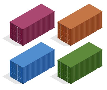 Isometric vector large metal containers for transportation. Closed doors with cardboard boxes. Delivery of cargo, shipping.のイラスト素材