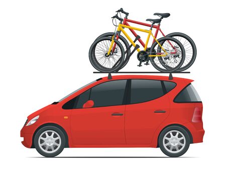 Side view flat red small car with two bicycles mounted on the roof rack. Flat style vector illustration isolated on white backgroundのイラスト素材