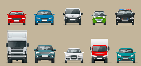 Car front view set. Vehicles driving in the city. Vector flat style cartoon illustration isolated on grey background.のイラスト素材