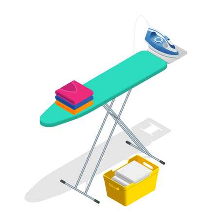 Isometric iron, ironing board and laundry basketf flat style vector illustration isolated on white backgroundのイラスト素材