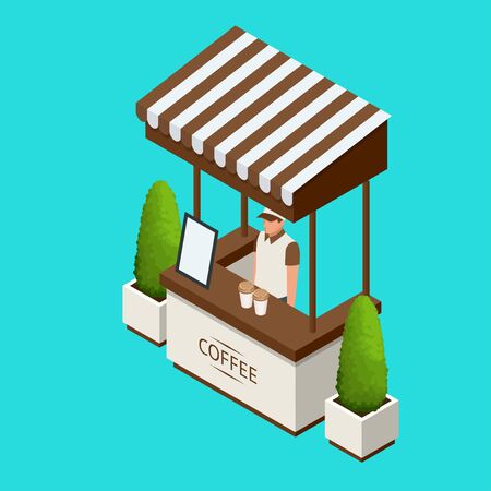 Street cafe Promotion Stand or exhibition standand, handout on blue background isolated vector illustrationのイラスト素材