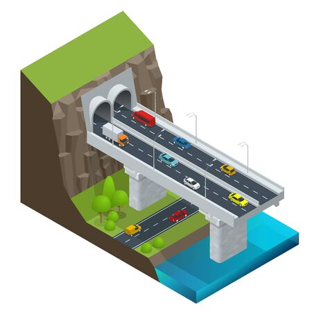 Isometric Modern Road Tunnel in the Mountain. Highway with tunnel vector isolated illustrationのイラスト素材