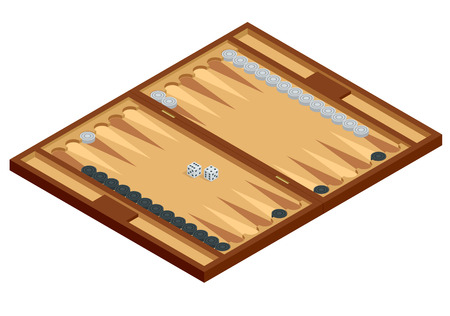 Isometric Wooden Backgammon Board, with playing pieces and dice. Vector illustrationのイラスト素材