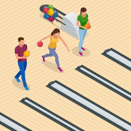 Isometric Bowling Center Interior with Game Equipment. Vector Bowling Alley for Game and Party. Flat vector isometric illustration.のイラスト素材