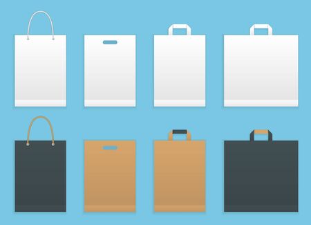 Vector illustration set of six paper shopping or grocery bags. Paper shopping bags packaging.のイラスト素材