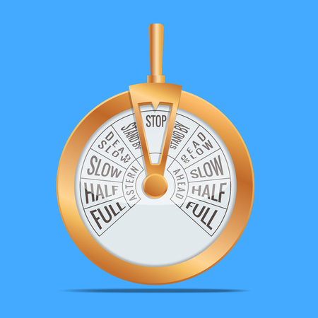 Golden Engine order telegraph. Ancient engine room telegraph in front of an eroded steel ship backgroundのイラスト素材