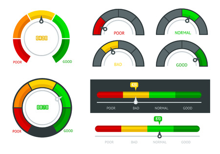 Set of Displaying the Credit Score Gauge description for infographics. Credit counter. Display pressure, level measurement.のイラスト素材