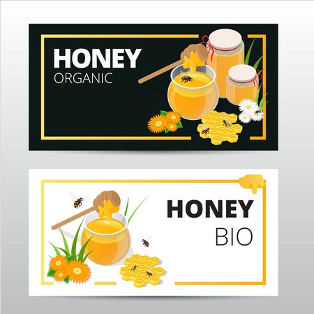 Vector horizontal banners set with sweet honey, honeycomb and jar full of natural flower honey isolated on white backgroundのイラスト素材
