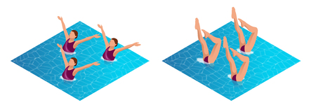 Isometric womans athlete on the performance of synchronized swimming performing art elements. Swimming sportswoman, swimmer team, water dance vector illustrationのイラスト素材