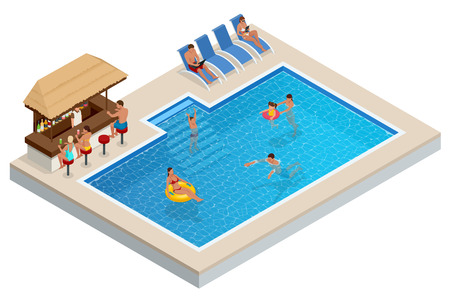 Isometric Aqua Park with bar, water pool, people or visitors. Vector illustration isolated on white background.のイラスト素材