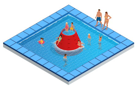Isometric Water Park, Aquapark, Children s Slides vector illustrationのイラスト素材
