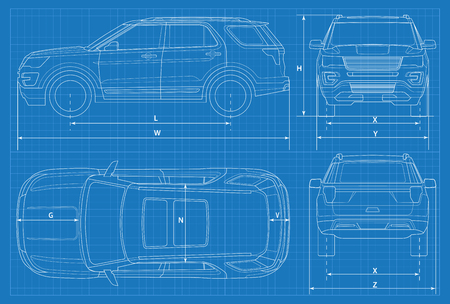 Off-road car schematic or SUV car blueprint vector illustration. off road vehicle in outline. Business vehicle template vector view front, rear, side, top.のイラスト素材