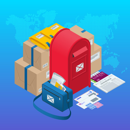 Isometric concept Post Office, mailbox, magazines and newspapers, letters and other attributes of postal service, point of correspondence delivery icons vector illustrationのイラスト素材