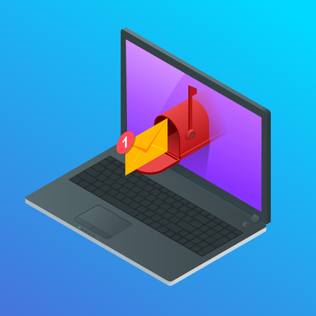 Isometric Letter and mailbox flying out of laptop screen concept. Vector illustration. Mail Communication or Connection message to mailing contacts phone. Global Letters Conceptのイラスト素材