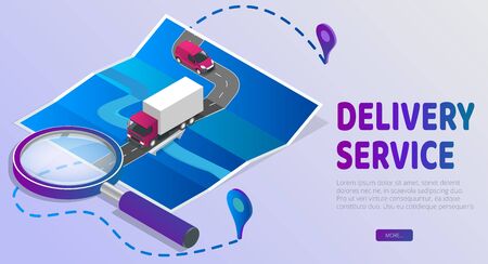 Delivery Website Banner. Delivery service app with map background. Isometric style vector illustration.のイラスト素材