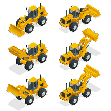 Isometric Vector illustration yellow bulldozer tractor, construction machine, bulldozer isolated on white. Yellow Wheel Loader, Industrial Vehicle. Pneumatic Truck. Manufacturing Equipmentのイラスト素材