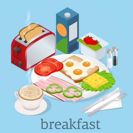 English breakfast with fried eggs, bacon, sausages, beans, toasts, coffee and fresh salad. Vector illustrationのイラスト素材
