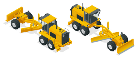 Isometric Graders used in the construction and maintenance of dirt roads and gravel roads. Construction machinery equipment positioned on a white backgroundのイラスト素材