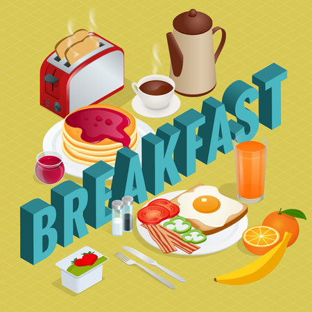 Isometric Breakfast and kitchen equipment icons set.のイラスト素材