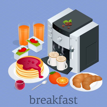 Isometric Breakfast and kitchen equipment concept. Breakfast served with coffee, orange juice, croissants, cereals and fruits. Balanced diet Vector illustration.のイラスト素材