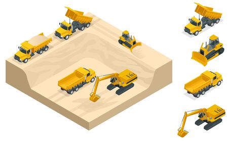 Isometric excavators and bulldozers dig a pit on the sand quarry.のイラスト素材