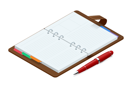 Isometric open blank spiral notepad notebook and red pen isolated on white background. Mock up for corporate identity and promotion objects.のイラスト素材