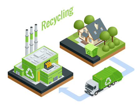 Isometric Waste Processing Plant. Technological process. Recycling and storage of waste for further disposal. Vector illustration.のイラスト素材