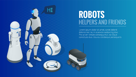Isometric concept robot programming. Robots helpers and friendsのイラスト素材