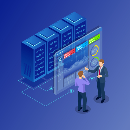 Isometric concept of data network management. Businessmans in data center room. Hosting server and computer database.のイラスト素材
