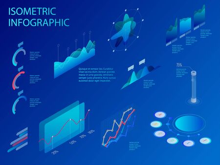 Isometric set of infographics with data financial graphs or diagrams, information data statistic and design elementsのイラスト素材