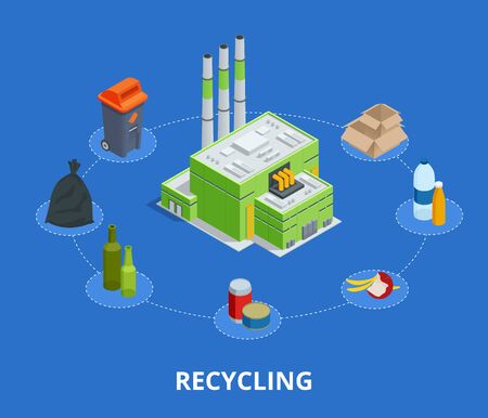 Recycling garbage elements trash bags tires management industry utilize waste can vector illustration.のイラスト素材