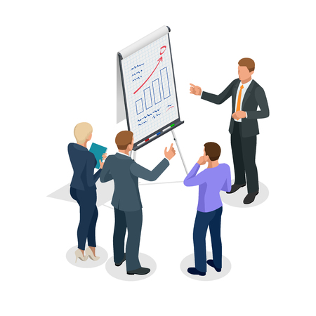 Isometric Group of business people looking at the graph on flipchartのイラスト素材