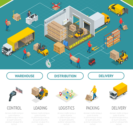 Isometric Warehousing and Distribution Services Concept. Warehouse Storage and Distribution.のイラスト素材