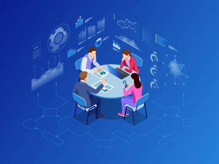 Isometric business people talking conference meeting room. Team work process. Business management teamwork meeting and brainstorming. Vector illustration.のイラスト素材