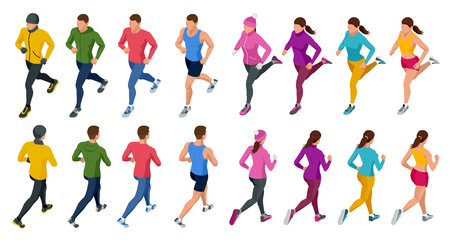 Isometric running people. Front and rear view. People are dressed in summer, winter, autumn, spring sports uniformのイラスト素材