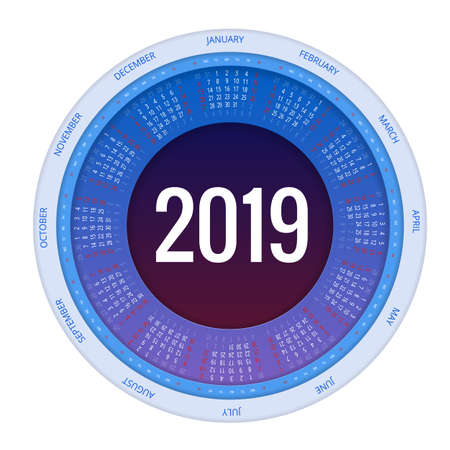 Colorful round calendar 2019 design, Print Template, Your Logo and Text. Week Starts Sunday. Portrait Orientation. 2019 Calendar of 12 Months.のイラスト素材