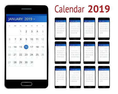 Vector Calendar for 2019 year. Smartphone with a calendar, one month plans. Design print template. Set of 12 calendar pages.のイラスト素材