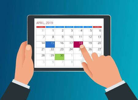 Vector Calendar for 2019 year. Hand with a tablet with a calendar, one month plans. Design print template. Set of 12 calendar pages.のイラスト素材