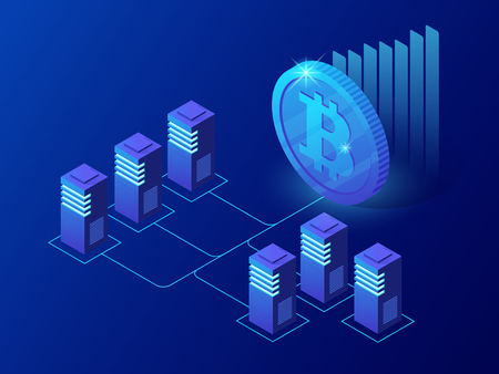 Isometric concept of Cryptocurrency and Blockchain concept. Farm for mining bitcoinsのイラスト素材