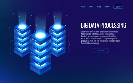 Isometric digital technology web banner. Analysis and Information. Big data access storage distribution information management and analysis.のイラスト素材