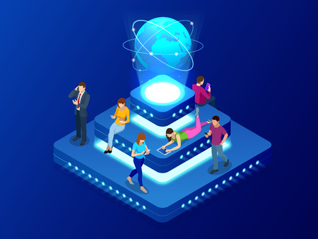 Isometric social network, technology, networking and internet concept. Global network connection, global datas exchanges over the globe, big data. Vector illustration.のイラスト素材