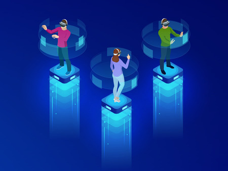 Isometric men and a woman wearing goggle headset with touching vr interface. Into virtual reality...