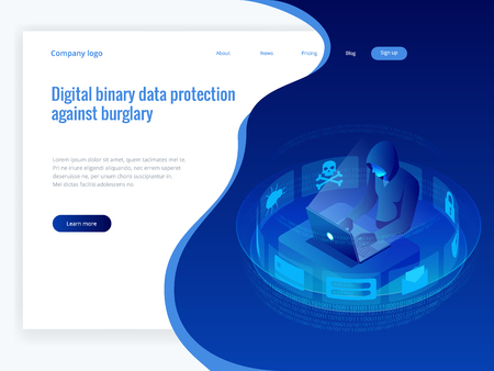 Isometric vector Internet hacker attack and personal data security concept. Computer security technology. Email spam viruses bank account hacking. Hacker working on a code. Internet crime concept.のイラスト素材