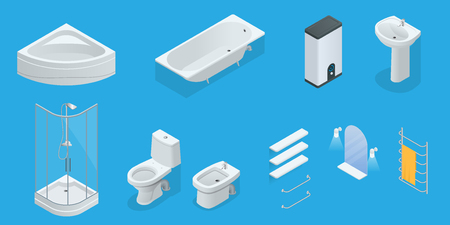 Vector isometric set of bathroom furniture. bathtub, bath, boiler, washbasin, shower, shower, toilet, bidet, dryer, towel, mirror, shelves flat interior design home icons.のイラスト素材