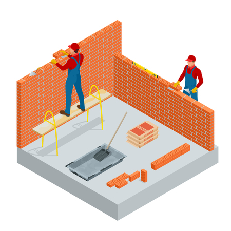 Isometric industrial worker building exterior walls, using hammer and level for laying bricks in cement. Construction building industry, new home. Workers with tools vector illustration.のイラスト素材