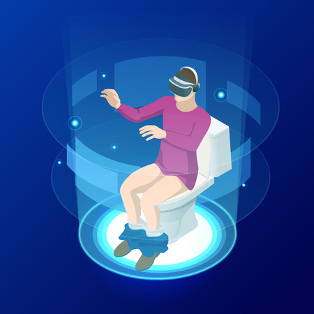 Isometric man in virtual reality helmet sitting on toilet. Videogames vector illustrationのイラスト素材