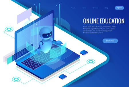 Isometric Science teacher bot concept. Artificial Intelligence, Knowledge Expertise Intelligence Learn. Technology and engineering. Online training banner.のイラスト素材