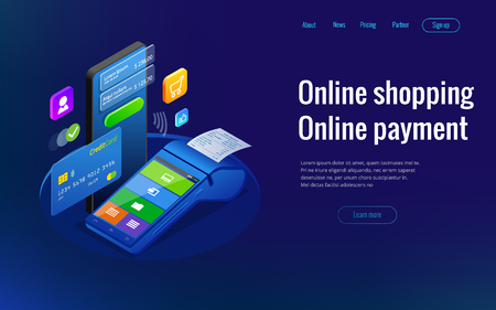 Isometric shopping online and payment online concepts. Internet payments, protection money transfer, online bank vector illustrationのイラスト素材